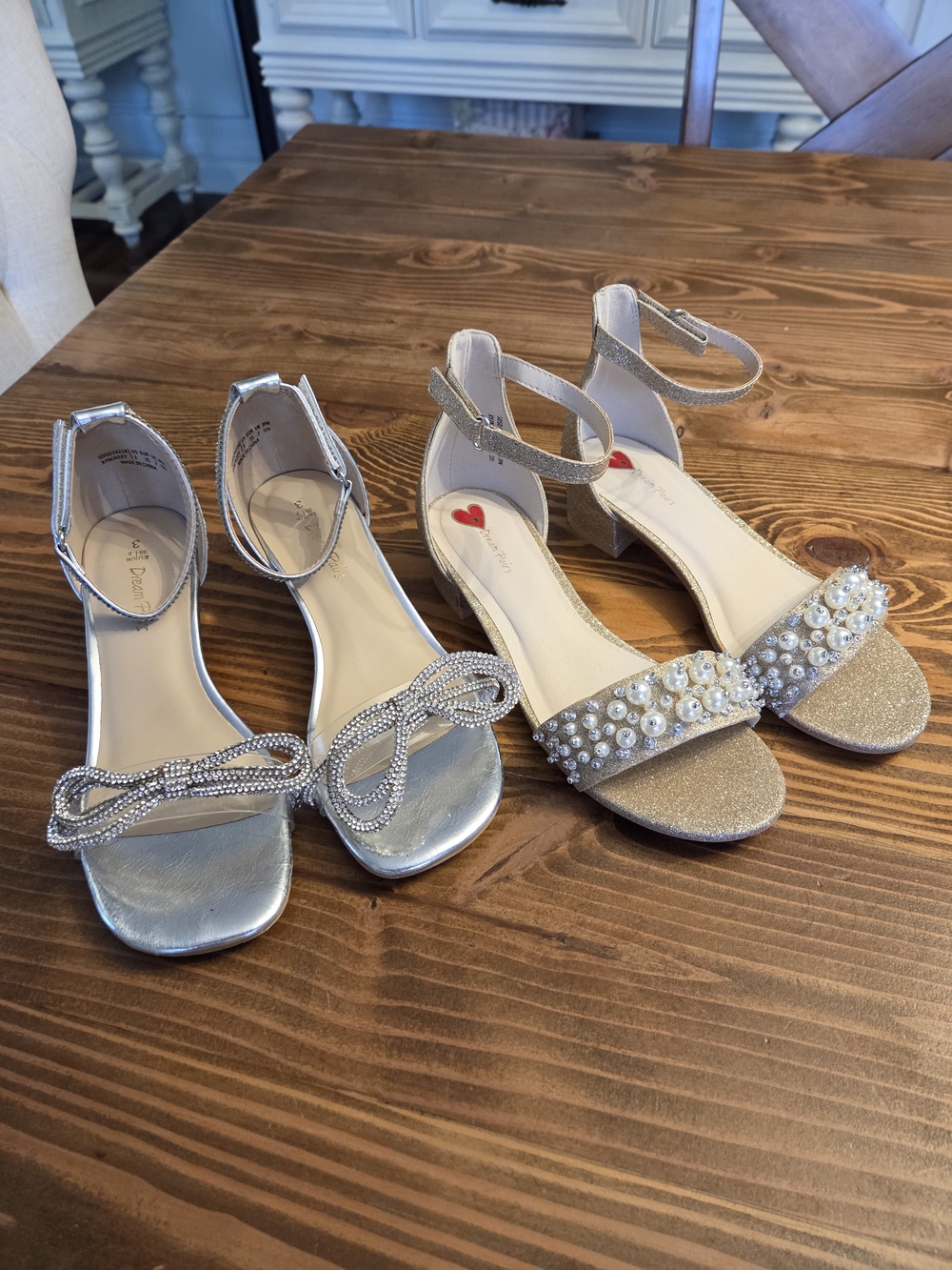Girls 2 Pair Of Silver Ankle-Strap Dress Sandals & Gold Pearl & Crystal Accents